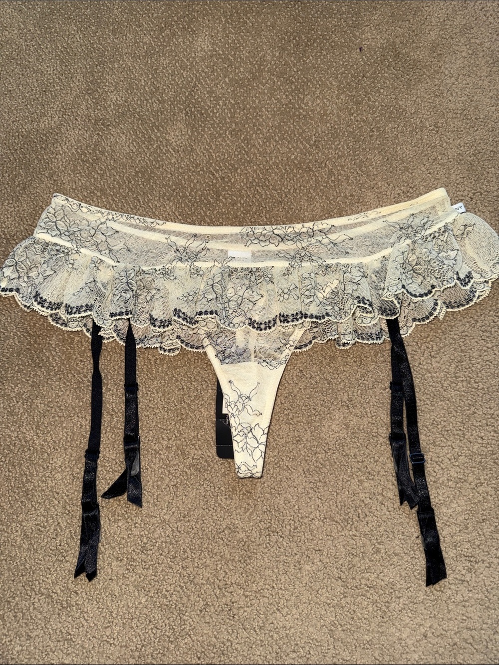Lace Ruffle Garter Thong - Cream with Black Accents
